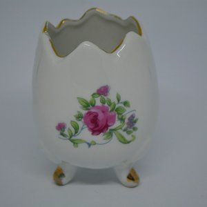 Vintage Cracked Egg Vase Planter Ceramic Pink Rose Floral 3 Footed 3.25" Trinket